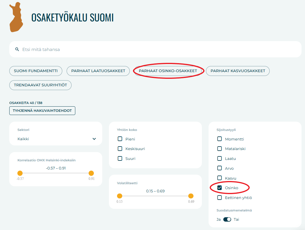 Osaketyökalusta voit suodattaa osakkeet osinkopisteiden perusteella.
