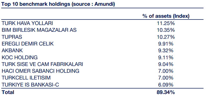 Lyxor MSCI Turkey ETF:n kymmenen suurinta sijoitusta. 