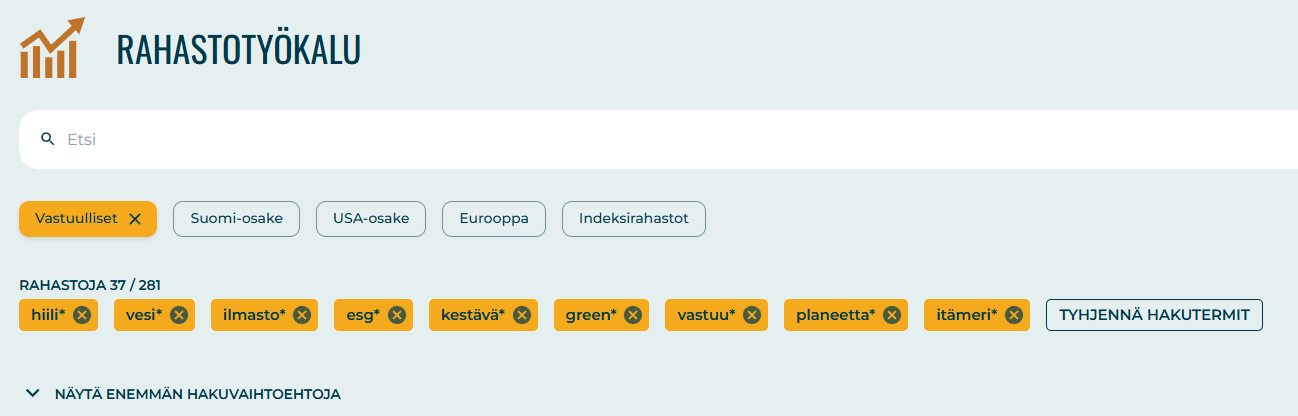 Rahastotyökalun vastuulliset rahastot. Tarkastelussa miten paljon rahastot tuottivat. Sijoittaja360: rahasto-työkalu.