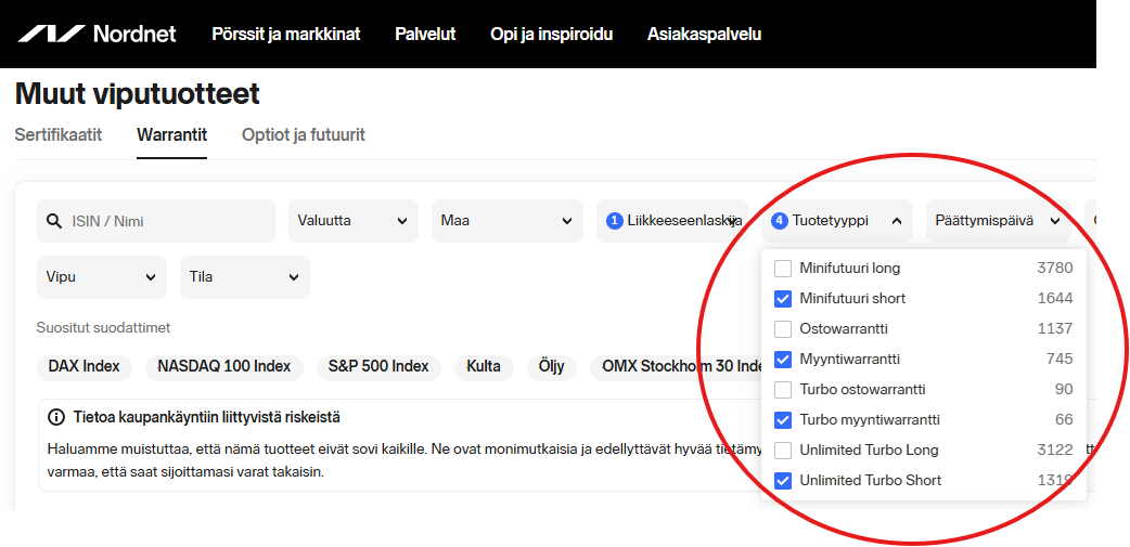 Societe Generalen pörssilistatut sijoitustuotteet Nordnetissä
