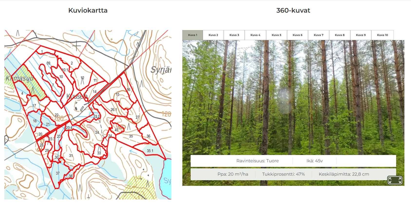 Esimerkkikuva myynti-ilmoituksesta, kuvassa kuviokartta ja 360-kuvat. Kuva: Omalla Maalla LKV