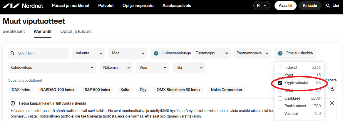 Societe Generalen Mini Futuuri-tuotteet Nordnetissä