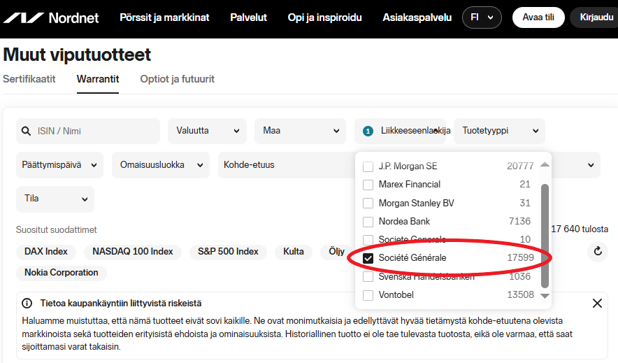 Societe Generalen tuotteet Nordnetissä