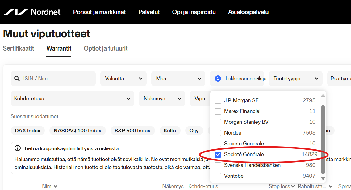Societe Generalen tuotteet Nordnetissä