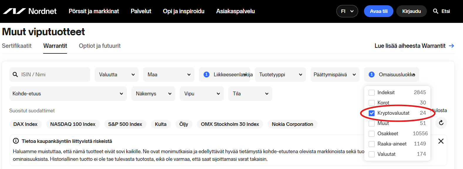 Societe Generalen tuotteet Nordnetissä