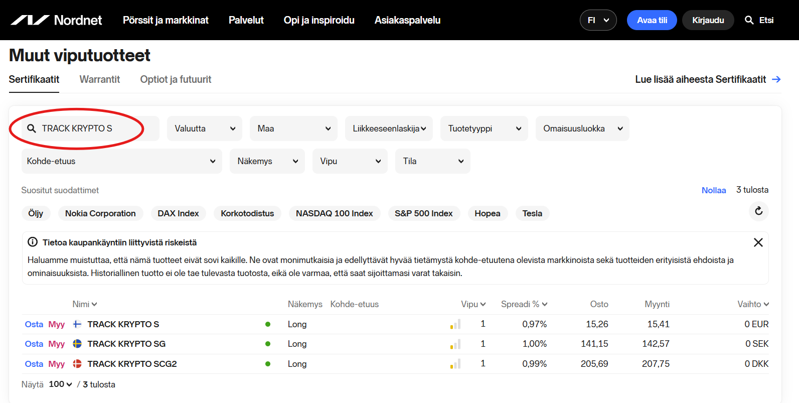 Societe Generalen tuotteet Nordnetissä
