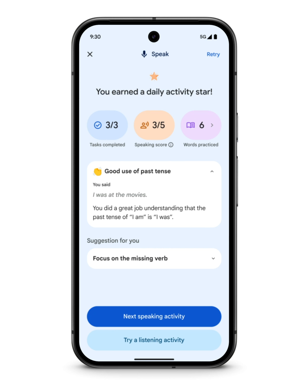 Kuva Googlen uudesta Translate-sovelluksesta, jossa näkyy kielenoppimis-ominaisuus.