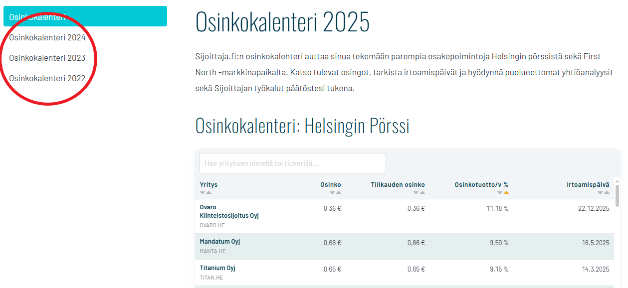 Sijoittaja.fi:n osinkokalenterista löydät myös osinkohistorian vuodesta 2022 alkaen