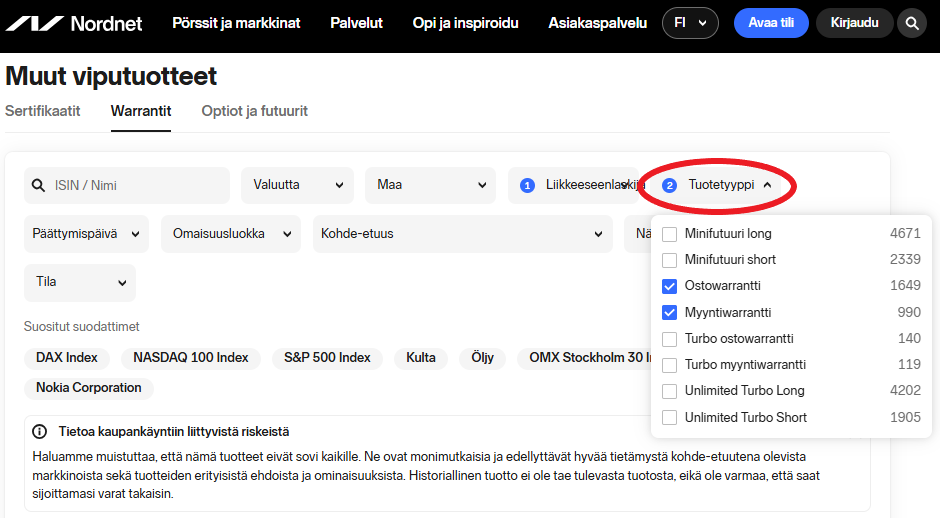 Societe Generaen warrantit löytyvät Nordnetin kaupankäyntialustalta.
